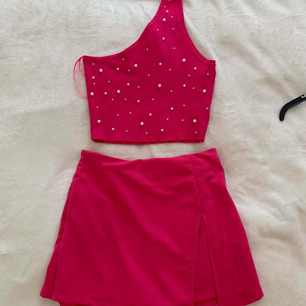 Hot Pink one sleeve shoulder top with pearls